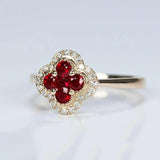 Silver Diamond Ruby Four Leaf Flower Adjustable Ring