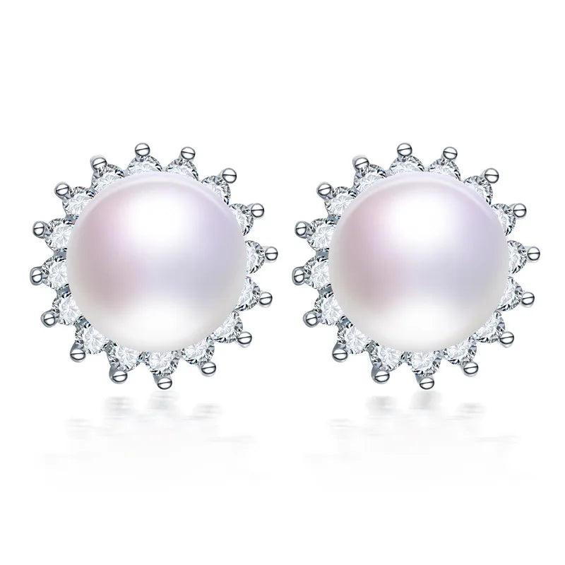 925 Silver Flower Zircon Earrings with Pearl Studs