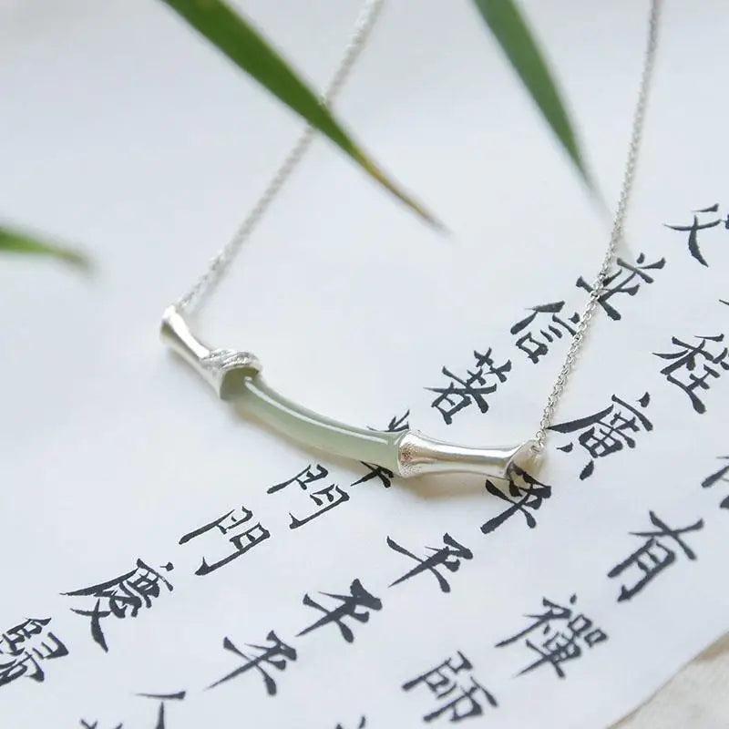 Natural Hetian Jade Bamboo S925 Sterling Silver Pendant Necklace