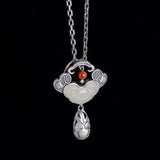 Vintage Ethnic Hetian Jade Peony Tassel Pendant Necklace