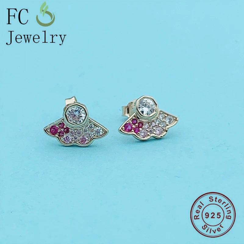 925 Silver Rose Fans Zirconia Stud Earrings for Women Wedding Autumn