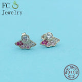 925 Silver Rose Fans Zirconia Stud Earrings for Women Wedding Autumn