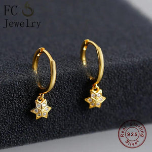 925 Silver Golden Square Flower Zircon Pendant Earring