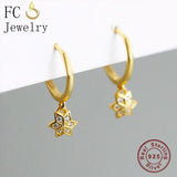 925 Silver Golden Square Flower Zircon Pendant Earring