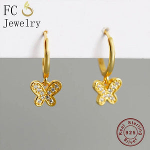 925 Silver Butterfly Crystal Piercing Hoop Earrings