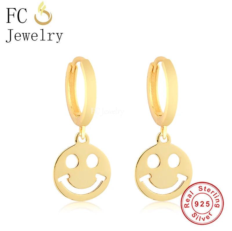 925 Silver Round Smile Face Pendant Hoop Earring For Women