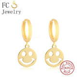 925 Silver Round Smile Face Pendant Hoop Earring For Women