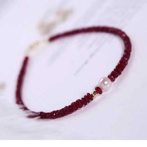 Natural Red Ruby Round Cut Beads Bracelet Cuff Chain 7.5 Inches Long