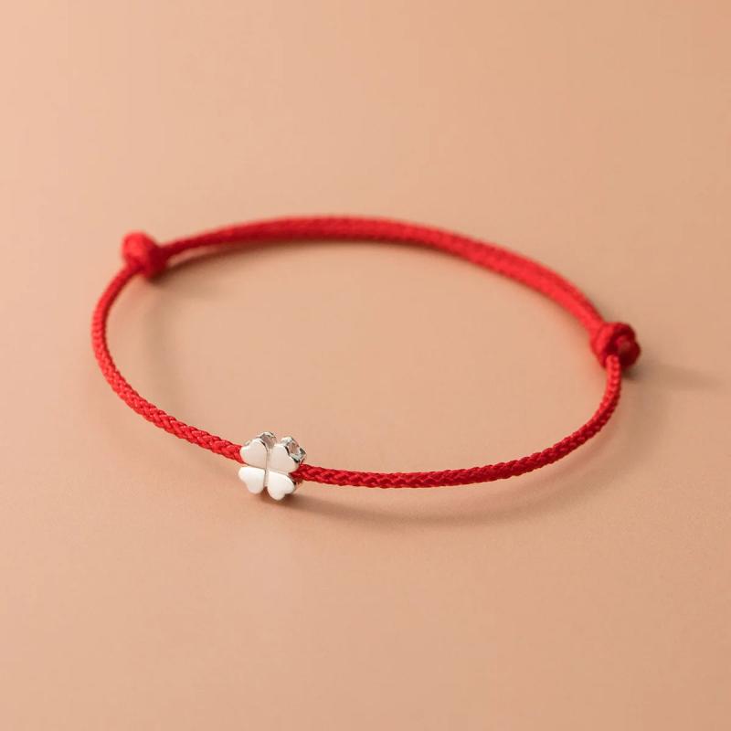 S925 Sterling Silver Flowers Red Rope Clover Bracelet For Women