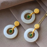 Vintage Hetian Jade Round Pendant Necklace Antique Craft Charm Silver Jewelry