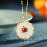 Vintage Hetian Jade Round Pendant Necklace Antique Craft Charm Silver Jewelry