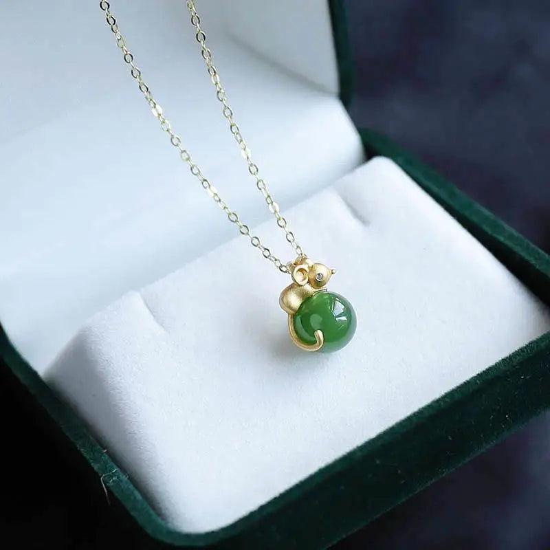 Hetian Jade Green Jade Rat Pendant 925 Sterling Silver Necklace Lucky Gift