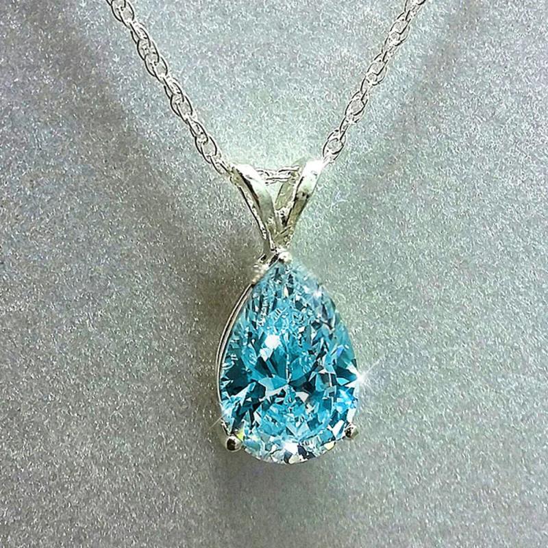 Aquamarine Zircon Pendant 925 Silver Necklace For Women