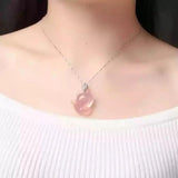 925 Silver Chain Pink Chalcedony Fox Pendant Necklace Charm Jewellery