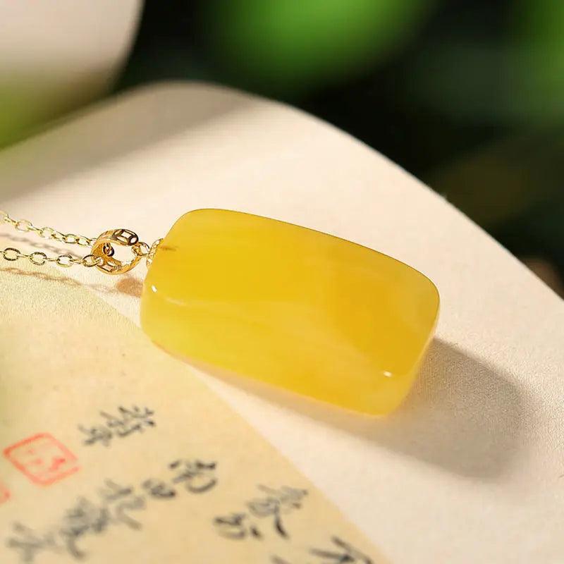 Yilu Silver 18K Amber Coin Pendant Sweater Chain Vintage Lucky Jewelry