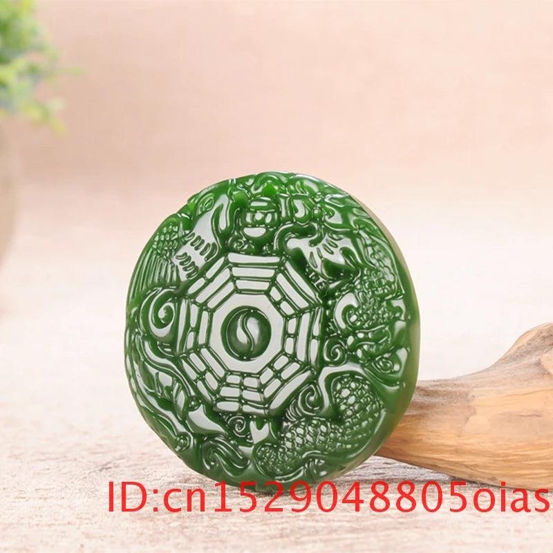 Natural Green Chinese Jade Dragon Phoenix Pendant Necklace