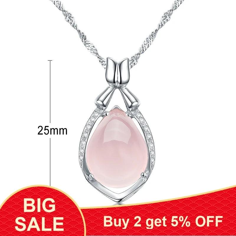 925 Silver Water Drop Pink Quartz Pendant Necklace for Women