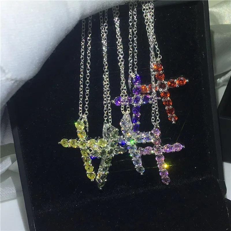 6 Colors Cross Pendant CZ Stone Filled Necklace for Women Men
