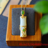 Natural Hetian Jade Bamboo Pendant Necklace Amulet 925 Silver Women Chalcedony