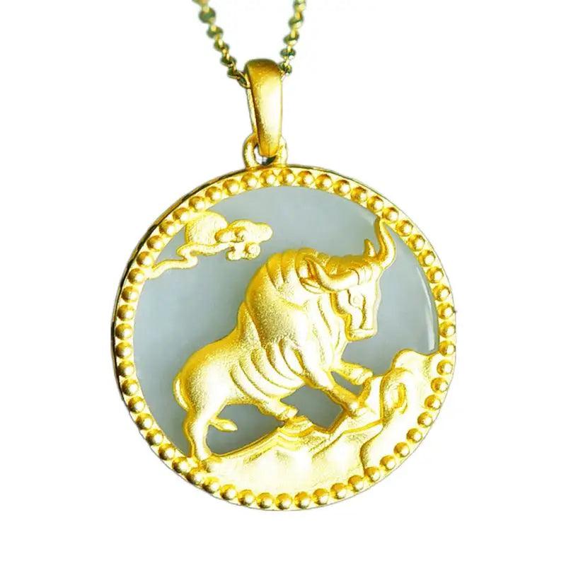 Chinese Jade Cattle Pendant Necklace 925 Silver Chalcedony Amulet