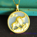 Chinese Jade Cattle Pendant Necklace 925 Silver Chalcedony Amulet