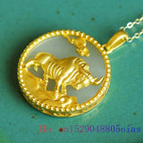 Chinese Jade Cattle Pendant Necklace 925 Silver Chalcedony Amulet