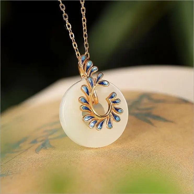 Silver Hetian Jade Safety Buckle Pendant Cloisonne Phoenix Tail Necklace