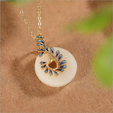 Silver Hetian Jade Safety Buckle Pendant Cloisonne Phoenix Tail Necklace