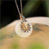 Silver Hetian Jade Safety Buckle Pendant Cloisonne Phoenix Tail Necklace