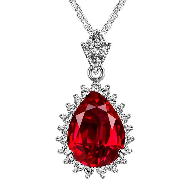 925 Silver Necklace with Water Drop Ruby Emerald Zircon Pendant