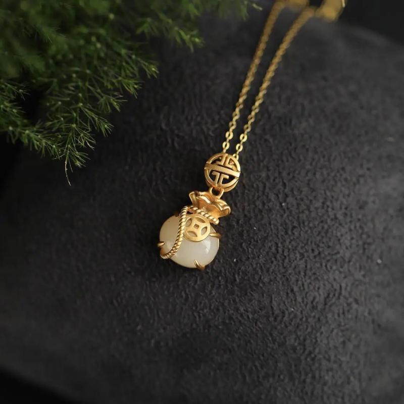 Hetian Jade Lucky Bag Pendant S925 Sterling Silver Ancient Gilding Women's Neckl