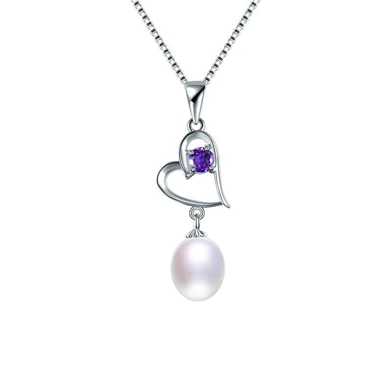 Freshwater Oval Pearl Necklace 925 Sterling Silver Heart Purple Zircon Pendant