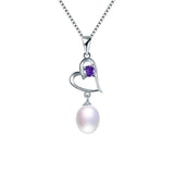 Freshwater Oval Pearl Necklace 925 Sterling Silver Heart Purple Zircon Pendant