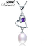 Freshwater Oval Pearl Necklace 925 Sterling Silver Heart Purple Zircon Pendant