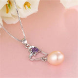 Freshwater Oval Pearl Necklace 925 Sterling Silver Heart Purple Zircon Pendant