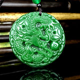 Green Jade Dragon Phoenix Pendant Necklace Hand-Carved Luck Amulet