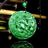 Green Jade Dragon Phoenix Pendant Necklace Hand-Carved Luck Amulet