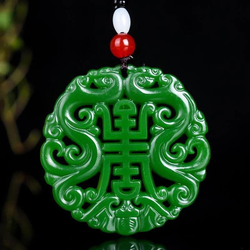 Chinese Green Jade Double Dragon Pendant Necklace Charm Hand-Carved Luck Amulet