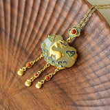 Ancient Style Gold-Plated Hetian Jade Deer Lock Pendant