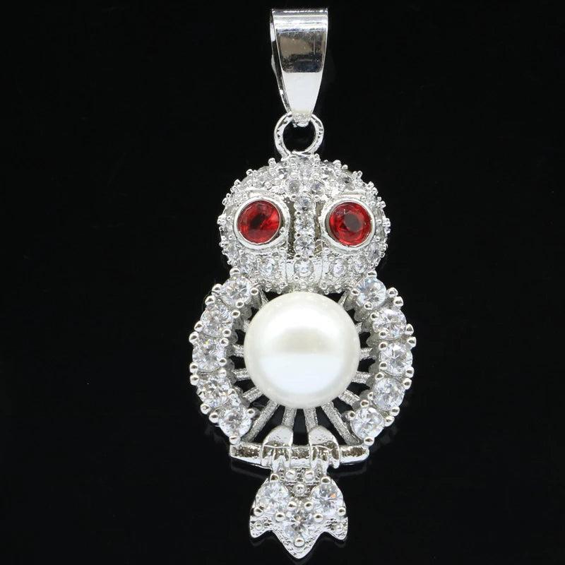 Owl Pendant Jewelry Set with Blood Ruby Pearl and Cubic Zircon