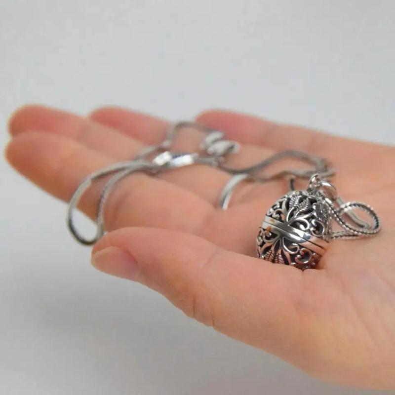 Sterling Silver Necklace Women's Open Pendant Floral Ball Thai Silver