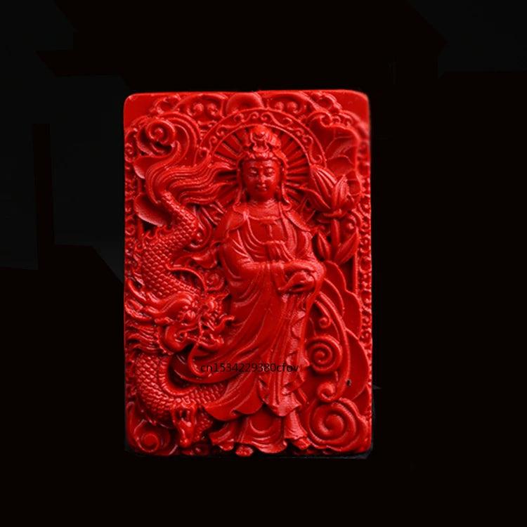 Organic Cinnabar Dragon Guanyin Pendant Necklace Charm