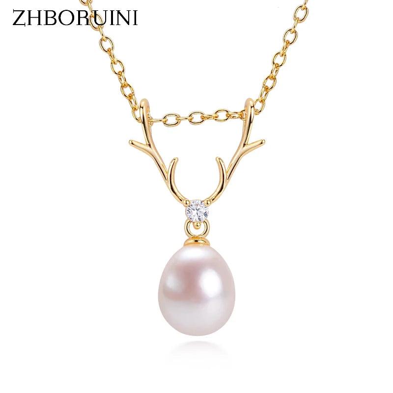 ZHBORUIN 14K Plated Elk Drop Pearl Pendant Freshwater Pearl Necklace