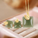 S925 Sterling Silver Hetian Jade Leaf Necklace Set