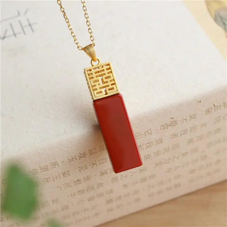 S925 Silver Red Agate Lucky Pendant Necklace Double Happiness Clavicle