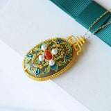 Hetian Jade Red Pearl Pendant Cloisonne Enamel S925 Sterling Silver Necklace