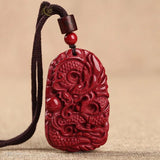 Cinnabar Jade Dragon Pendant Necklace Chinese Hand-Carved Luck Chain