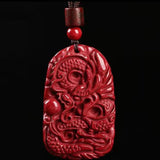 Cinnabar Jade Dragon Pendant Necklace Chinese Hand-Carved Luck Chain