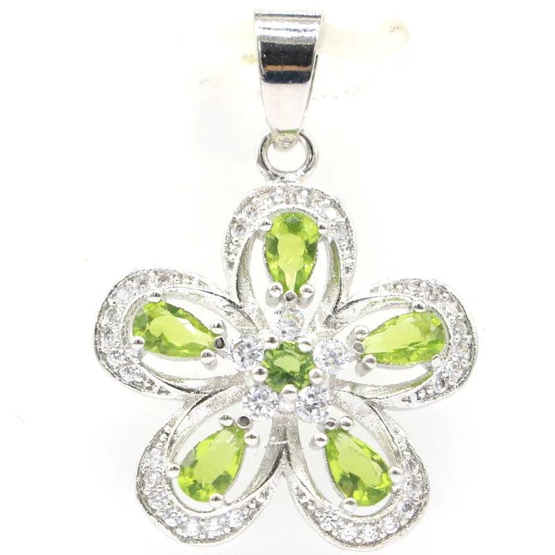 Pretty Flowers Green Peridot Aquamarine CZ Silver Pendant