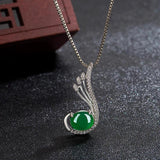 Green Jade Feather Pendant 925 Silver Necklace Chinese Carved Charm Jewelry